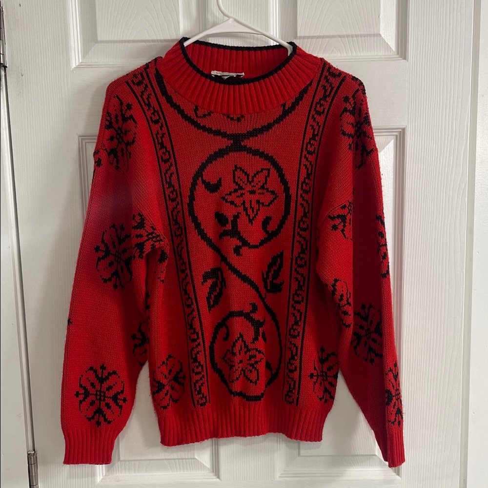 Vintage Source Unknown Red Sweater with Black Floral Design